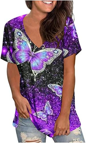 Есенно-Лятна Тениска за Момичета, Дрехи 2023 Г., Модни Памучен Блуза с V-Образно Деколте и Къс Ръкав с Графичен Дизайн за