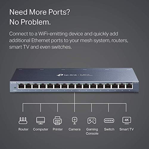 Мрежов комутатор на TP-Link с 16 порта Gigabit Ethernet | Тенис / За монтиране на стена | С доживотна защита | Без вентилатор | От здрав