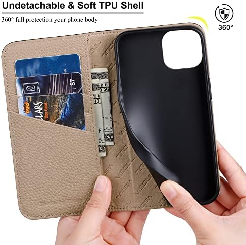 VISOUL Калъф от естествена кожа с камъчета за iPhone 14, чанта-портфейл с държач за карти за мъже и жени, Магнитна флип-надолу корица-Фолио