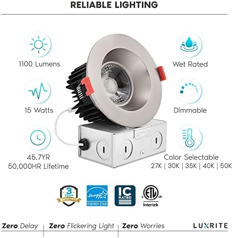 LUXRITE 4-Инчов Led встраиваемое осветление с разпределителната кутия, 15 W, 5 цвята за избор 2700-5000 До 1100 Лумена, Осветление под ъгъл