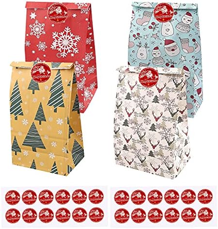 Hunxuo 24 бр. Коледни Хартиени Торбички със Стикери, Опаковки за Коледни Предложения, Кутии за Печене от Крафт-хартия за