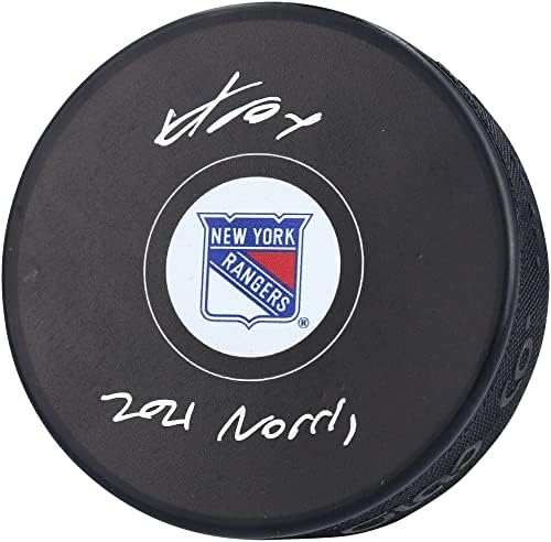 Хокейна шайба на Адам Фокс Ню Йорк Рейнджърс с автограф Норис 2021 г. - за Миене на НХЛ с автограф