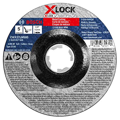 Абразивни кръг за рязане на метал BOSCH CWX27LM500 5 x 1/8 X-LOCK с шкурка 30, съвместим с оправкой 7/8 инча тип 27A (ISO 42) за рязане на