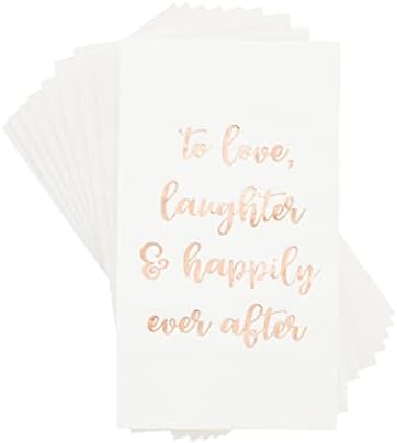 100 Опаковки, Сватбени салфетки с надпис от златно фолио Любов, смях и живели дълго и щастливо (Бели, 4 х 8 инча)