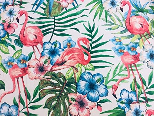 Розов Плат с цветен модел птици, фламинго и Тропически Зелен Материал с Градина принтом от Палмови листа Червени Цветя -