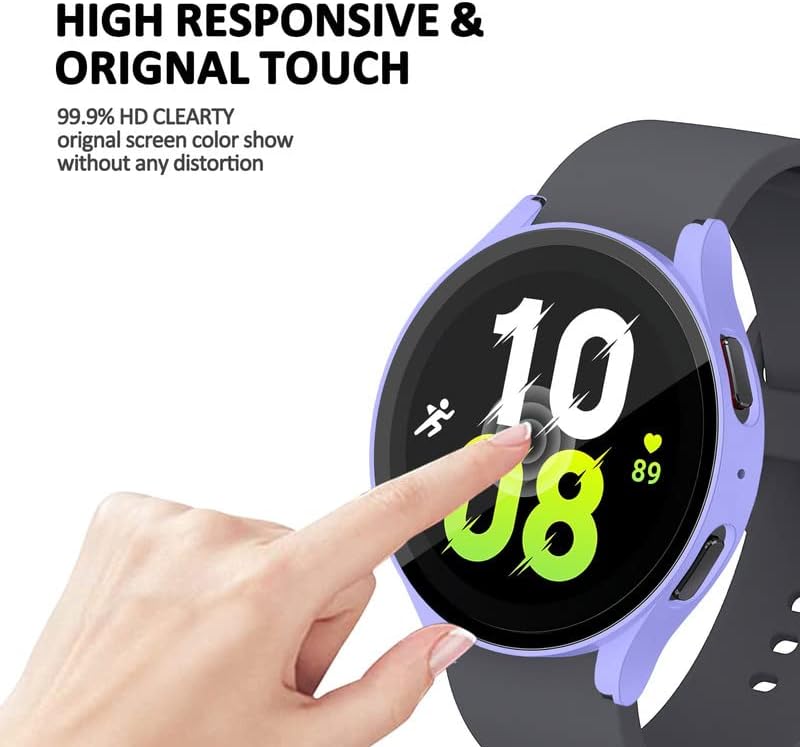 Калъф ALMNVO за Samsung Galaxy Watch 5 Case 44 мм, Матиран Защитен калъф за часа от КОМПЮТЪР с вградена защита екран от закалено стъкло, Аксесоари за умни часа, Лилаво, 44 мм